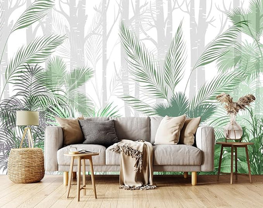 Artistically Painted Mural with Leaves of Tropical Plants on a Hazy Woodland Background Photo Wallpaper(Non-self-Adhesive)