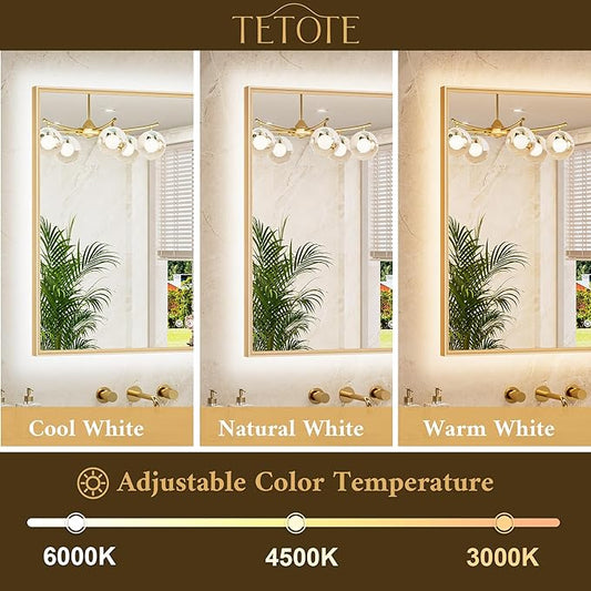 TETOTE 72 x 36 Backlit Bathroom Mirror Brushed Gold Metal Frame LED Light Vanity 3-Color White/Warm/Natural Stepless Dimmable Anti-Fog Backlight Mirror Wall-Mounted