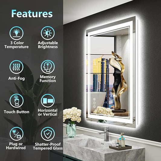 20x28 LED Bathroom Mirror with Lights, Backlit and Front Lit, Anti-Fog Lighted Vanity Mirrors for Bathroom Wall, Dimmable, 3-Color Light, Memory, Shatter-Proof, HD Tempered Glass, CRI>90