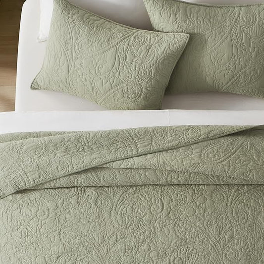 EVERGRACE 100% Cotton Paisley Quilt Set, Queen Size 3 Piece Set – Prewashed Lightweight Bedspread with 2 Shams, Soft & Breathable Matelasse Coverlet for All-Season Comfort, Light Sage Green