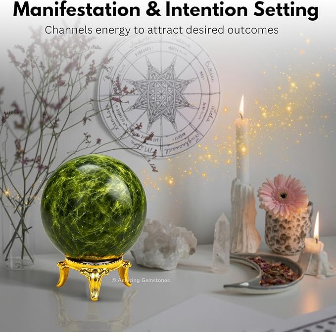 Amazing Gemstone Green Tourmaline in Matrix Ball with Stand - 1.5 Inches Crystal Sphere Meditation Balls for Witchcraft and Decorative Balls