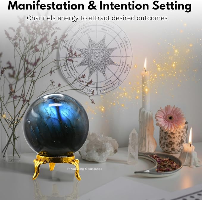 Amazing Gemstone Labradorite Crystal Ball with Stand - 1.5 Inches Crystal Sphere Meditation Balls for Witchcraft and Decorative Balls