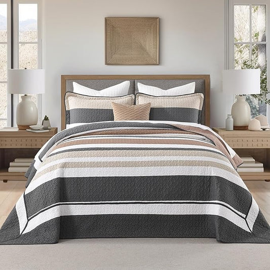 SahSahCasa 120"x120" 100% Cotton Oversized California King Bedspread Striped Quilt Set, Cal King Quilted Bedspread Extra Large Coverlet, XL Bed Spread Lightweight Comforter, Charcoal/Brown/Beige