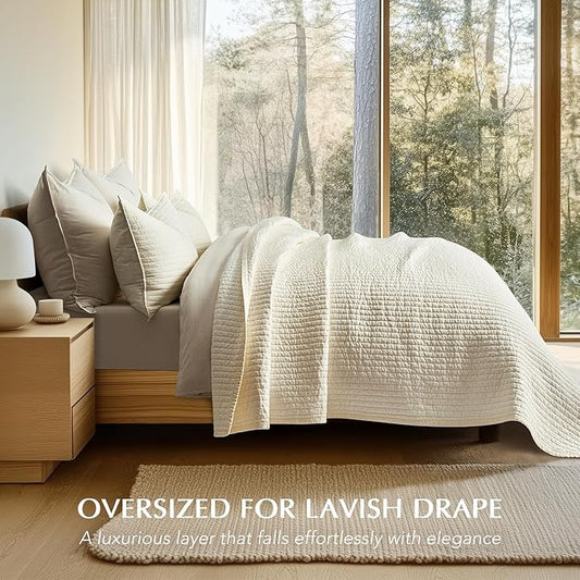 EVERGRACEHOME Cotton Sateen Quilt Set Queen Size, Pre-Washed Cotton Channel Stitch Coverlet Bedspread, 3 Pieces Lightweight Soft Bedding Sets for All Season, with 2 Pillow Shams, Cream