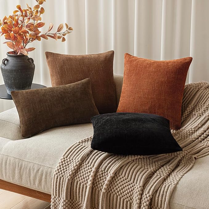 Foindtower Pack of 2 Soft Textured Chenille Throw Decorative Pillow Covers Square Accent Solid Cushion Cover Cozy Neutral Farmhouse Pillow Case for Couch Sofa Bedroom Living Room 18x18 Inch,Orange