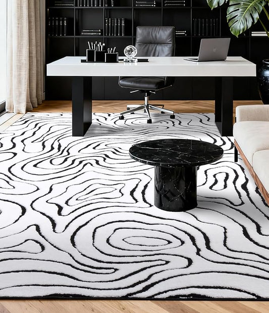 YIHOUSE Modern Rugs for Living Room 6x9, Washable Black and White Bedroom Rug, Fluffy Geometric Dining Room Rugs for Under Table Home Decor