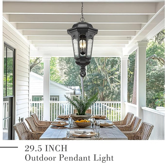 Emliviar 3-Light Outdoor Pendant Light, Classic Adjustable 29.5" Lighting Fixture Ceiling Hanging with Water Ripple Glass Shade in Black Finish, E12, XE304H BK-SW