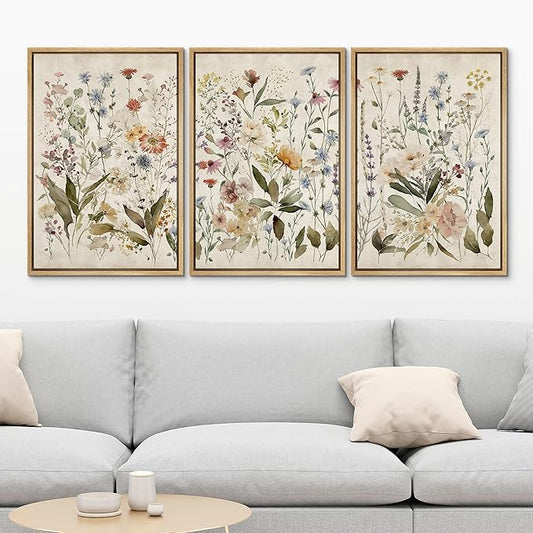 MUDECOR Framed Wall Art Print Set Blooming Wildflowers Illustrations Modern Art Decorative Colorful Chic for Living Room, Bedroom, Office - 16"x24"x3 Natural