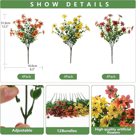 Artificial Flowers for Outdoors Fake Plants Spring Home Decoration, 12 Bundles Realistic Faux Flower Daisy with Eucalyptus Stem UV Resistant for Patio Planter Porch Yard (Yellow Brown Orange)