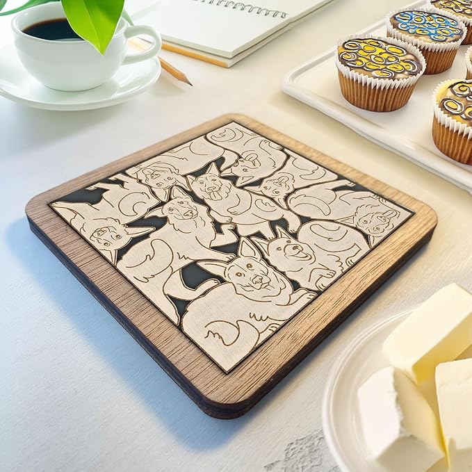 02 German Shepherd Dog Coaster - German Shepherd Dog Puzzle Wooden Coaster Set - Interlocking Jigsaw Drink Mats with Laser-Cut Design