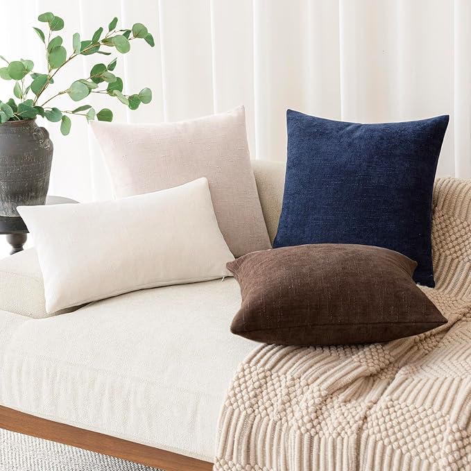 Foindtower Set of 2 Soft Textured Chenille Throw Decorative Pillow Covers Square Accent Solid Cushion Cover Cozy Neutral Farmhouse Pillow Case for Couch Sofa Bedroom Living Room 20x20 Inch, Chocolate