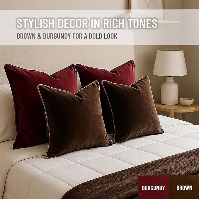 2 Pack Velvet Decorative Throw Pillow Covers, 18"x18", Brown and Camel, Solid, Modern, Contrast Piping, Indoor Use, Bedroom & Living Room