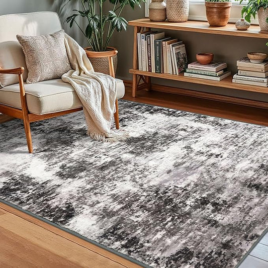 Modern Abstract Small Area Rug Indoor 3x5 Washable Rug Non-Slip Soft Black Grey Entryway Rug Kitchen Mats Thin Print Faux Wool Floor Carpet Throw Rugs for Entrance Bedroom Home Decor