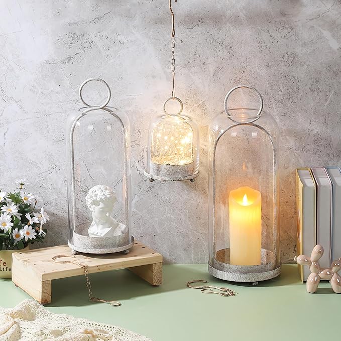 20" High Versatile Modern Metal Hurricane Lantern with Handmade Sturdy Glass Dome in Vintage White for Pillar Candle & Plants, Industrial, Farmhouse, Shabby Chic