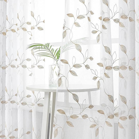 Tollpiz Taupe Leaf Sheer Curtains Leaves Embroidered Living Room Short Curtain Rod Pocket Voile Window Treatments for Bedroom, 54 x 45 inches Long, Set of 2 Panels