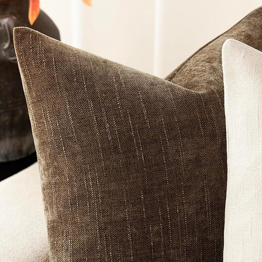 Foindtower Pack of 2 Soft Textured Chenille Throw Decorative Pillow Covers Square Accent Solid Cushion Cover Neutral Farmhouse Pillow Case for Couch Sofa Bedroom Living Room 18x18 Inch,Taupe Brown