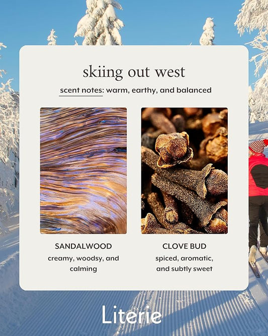 Literie NYC Inspired Scented Candle: Skiing Out West - Sandalwood & Clove Bud Scent, 9oz, 50 Hour Burn, Vegan Soy & Coconut Blend Candle for Home Decor, Gift for Women & Men