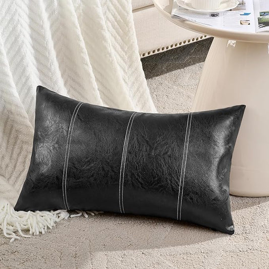 Fancy Homi 2 Packs Black Long Lumbar Faux Leather Decorative Throw Pillow Covers 14x24 Inch for Living Room Couch Bed Sofa, Boho Farmhouse Home Decor, Hand Stitched Rectangle Cushion Case 35x60 cm