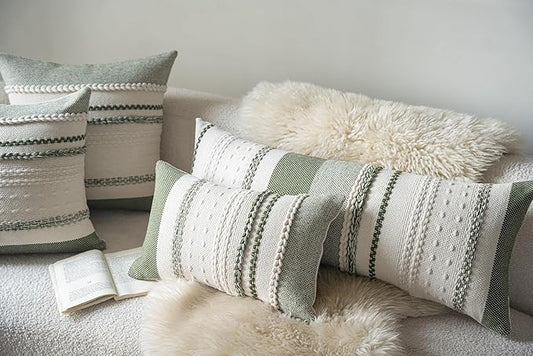 Boho Lumbar Pillow Covers 14x36 Inch Long, Green Textured Decorative Couch Pillow Cases for Farmhouse Home Decor, Accent Cushion Cover for Sofa, Bed, Living Room, Bedroom, Pack of 1