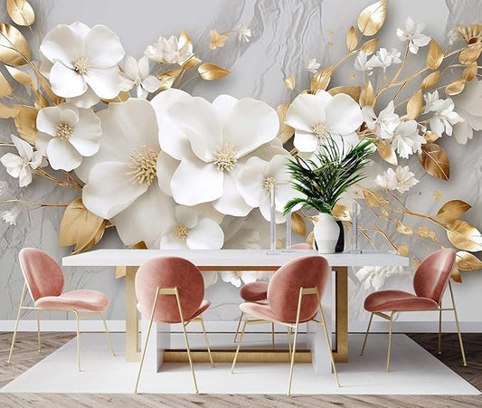 3D Wallpaper Illustration Beige Background Large White Abstract Gold Leaf Flower for Living Room Bedroom Backdrop Decoration(Non-self-Adhesive)