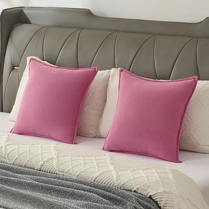 FUTEI Hot Pink Chenille Throw Pillow Covers 12x20 Inch Set of 2,Edges Double-Stitched Lumbar Pillow Cases,Modern Home Decor for Couch Living Room