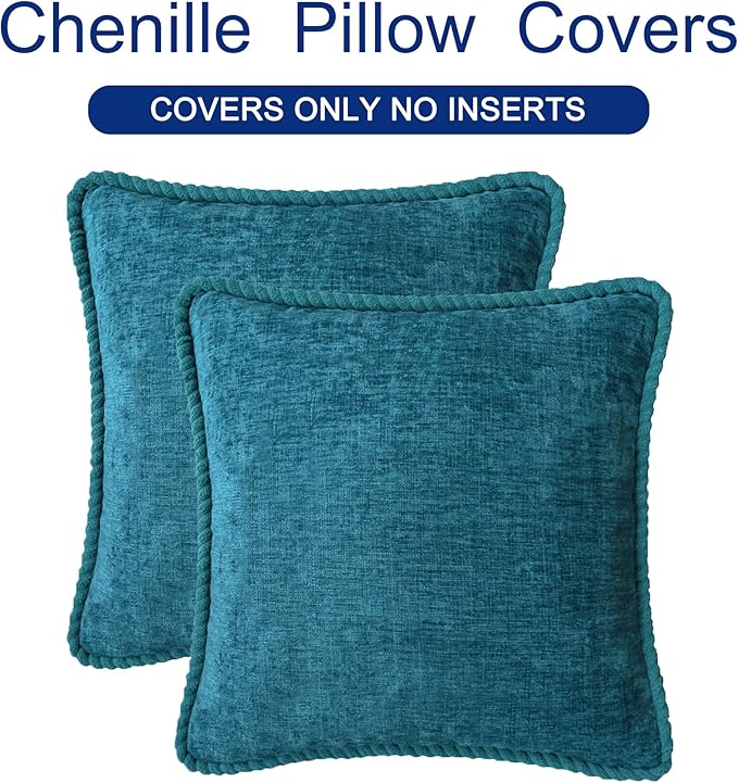 CaliTime Decorative Couch Throw Pillow Covers 20 X 20 Inches Pack of 2 Cozy Chenille Piping Edge Cushion Cases for Sofa Bed Living Room Home Ocean Blue