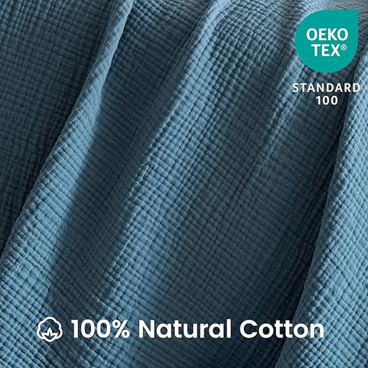 FALUCA Cotton Muslin Reversible Blanket King Size for Bed, Couch, Four Layers Blanket, Soft Lightweight Cozy Breathable Farmhouse Decoration for All-Season, Light Blue