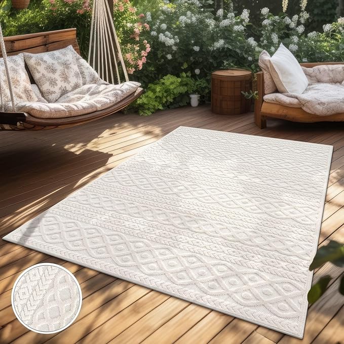 Paco Home Modern Area Rug with Carved Geometric Pattern in Cream Ivory, Size: 6'7" x 9'6"