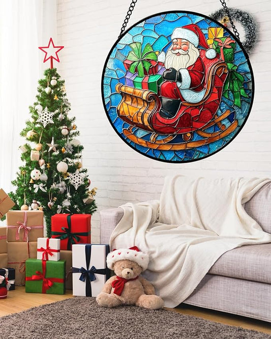 DASTOLL Stained Glass Window Hanging - Red Santa Claus Gift Box Suncatcher for Doors Home Christmas Decoration Winter Sun Catcher Thanksgiving New Year Birthday Gift for Women Men Mom Nana 9.8 in