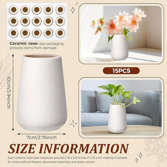 Tioncy 15 Pack White Ceramic Bud Vases Bulk Christmas Decoration 3.9 Inch Boho Small Flower Ceramic Vases for Centerpieces for Dry Flowers Pampas Garss Home Wedding Table Decor(Stylish)