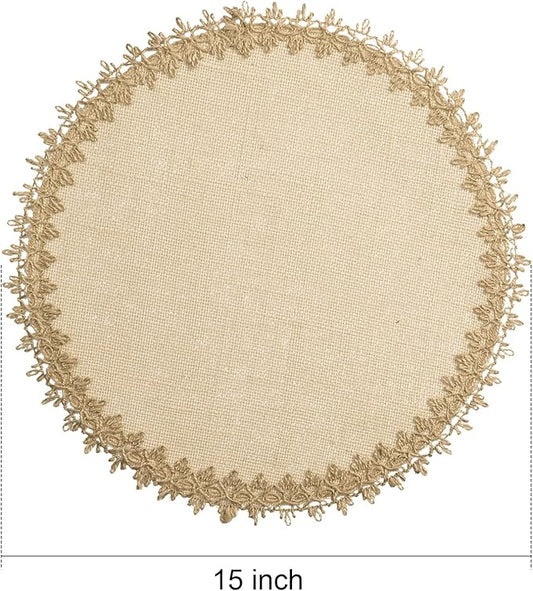 FunWheat Burlap Round Braided Placemats Set of 12 for Dining Tables 15 Inch Heat Resistant Jute Table Mats Farmhouse Woven Fabric Natural Place mats for Fall Decoration(Jute Lace)
