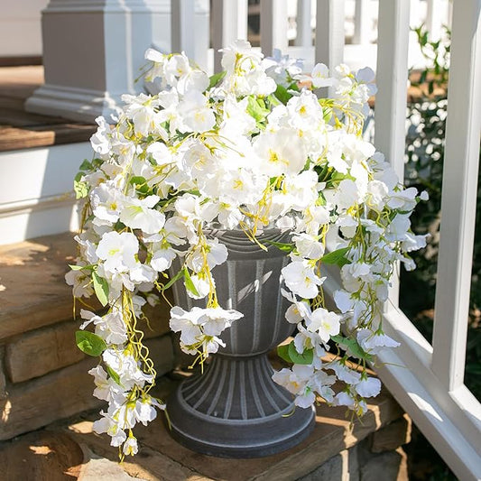 Fake Hibiscus Artificial Hanging Flowers Plants for Outdoors Spring Decoration, 4pcs Silk Hibiscus Vines Realistic UV Resistant White Faux Flowers for Outside Planter Porch Patio Yard Wedding Party