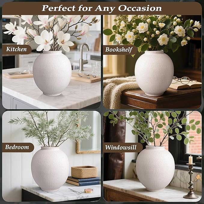 Large White Ceramic Flower Vase – 9.8 Inch Tall Modern Vase