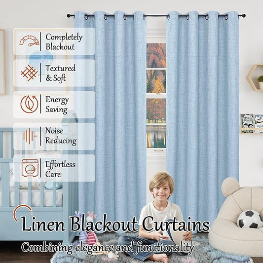 Baby Blue Linen Blackout Curtains for Nursery 84 Inch Length 2 Panels Set, Thermal Insulated Boho Total Black Out Noise Reducing Bonzer Grommets Window Curtains for Kids Bedroom, Each 60 Inch Wide