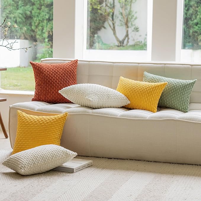 Kevin Textile Set of 2 Decorative Pillow Cover Solid Striped Corduroy Plush Velvet Cushion Cover for Couch Machine Washable Pillowcase 50cm 20 x 20 Inch Yellow