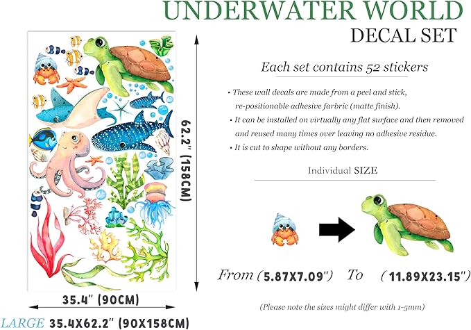 Ocean Playground Wall Decal - Cartoon Underwater Fun with Turtle, Whale, and Octopus, Removable Reusable Peel-and-Stick Fabric Stickers for Kids' Room Décor
