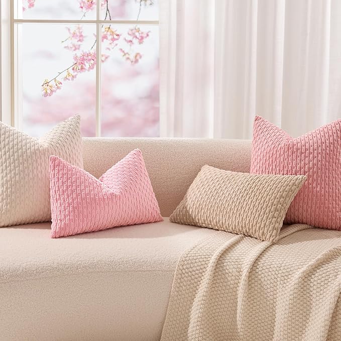 Kevin Textile Valentines Day Decorative Pillow Covers Set of 2 Striped Plush Corduroy Pillows Pillowcases Boho Home Decor Cushion Covers for Couch Sofa Bed Living Room 16x16 Inch, Dark Pink