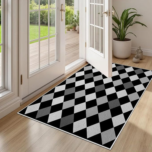 Black and White Rug 2x3, Rhombus Geometric Soft Ultra Soft Faux Wool Low Pile Rug, Indoor Floor Mats Carpet, Non-Slip Stain Resistant Washable Rugs, Modern Abstract Checkered Rugs for Living Room