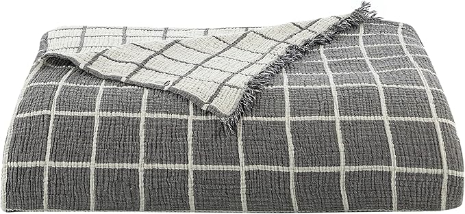 Bohemian 4 Layers Gauze Lightweight Throws,Cotton Muslin Throw Blanket,Breathable Coverlet, 4 Layer Bed Cover (Gray Windowpane, Full Size 78 x 95 inches)