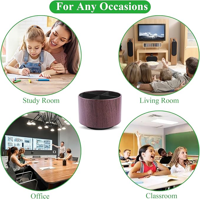 Round Leather Art Supply Organizer,Remote Control Holder,360 Degree Spinning,Multi-Functional Pencil Holder,4 Compartments Desktop Stationary Organizer(1-Thin Wood Dark Brown)