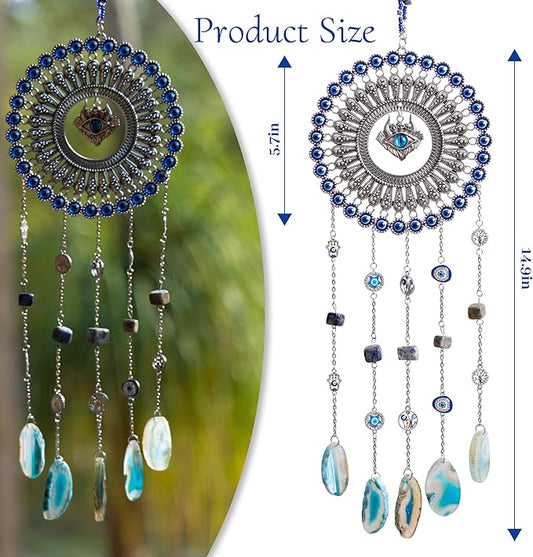 Evil Eye Dream Catcher, Handmade Blue Agate Stone Catcher with Crystals, Protective Bohemian Wall Hanging Decor for Bedroom, Window, Garden - Unique Housewarming Gift for Friends and Family