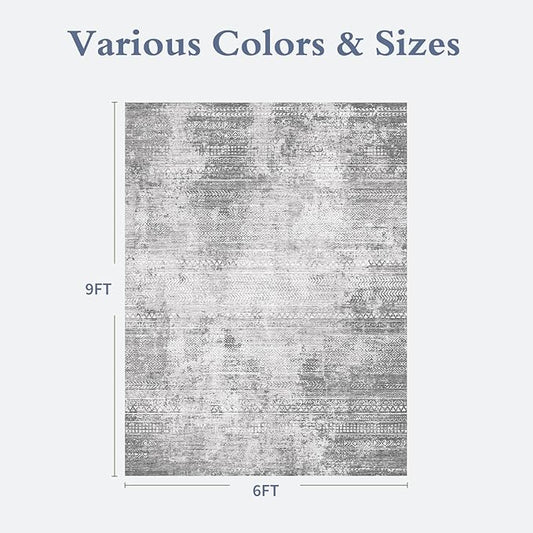 6x9 Area Rugs for Living Room Non Slip Machine Washable Rug Distressed Abstract Soft Indoor Carpet Neutral Boho Rug for Bedroom Dining Room Playroom Office, Grey