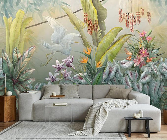 Hand-Painted Colorful Leaves Wall Mural, White Cranes Playful Leaves Wallpaper, Wall Decorations(Non-self-Adhesive)