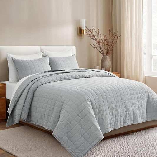 EVERGRACEHOME 100% Cotton Box Stitch Quilt Bedding Set King Size 3 Pieces, Garment-Washed Lightweight Soft Cozy Coverlet, Oversized Quilted Bedspread Sets with 2 Shams for All Season, Fog Gray