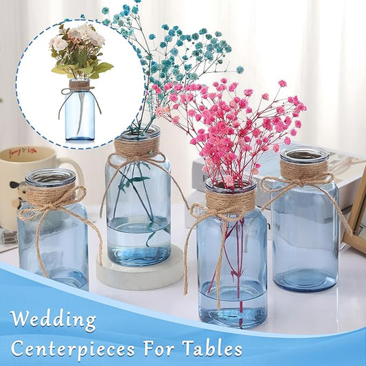 Blue Glass Flower Vases for Centerpieces Set of 12, Mason Jars Boho Cylinder Bud Vases in Bulk, for Weddings Parties Vintage Home Decor
