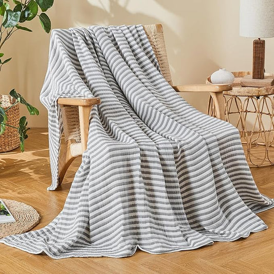 EMME Cotton Muslin King Blanket Bed Layering Bedspread Coverlet Breathable Gauze Soft Lightweight (Striped Grey, 108"x90")