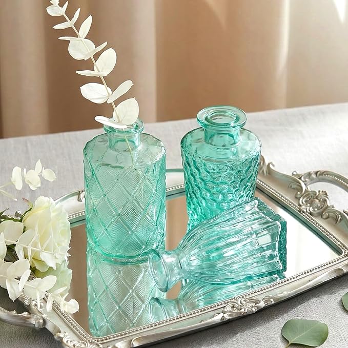 Set of 30 Green Colored Glass Bud Vases - Small Textured Flower Vases for Centerpieces, Wedding Table Decor, Retro Home Decor Bulk Vase Set for DIY, Events & Gifts