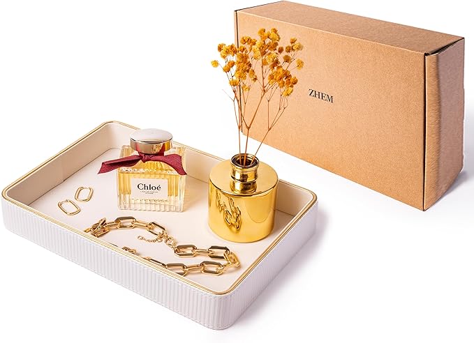 Perfume Tray Valet Tray Night Stand Organizer| Perfume Organizer Catchall Perfume Trays for Dresser Vanity Tray for Dresser| Perfume Holder (Beige 8"x11"x1.75")
