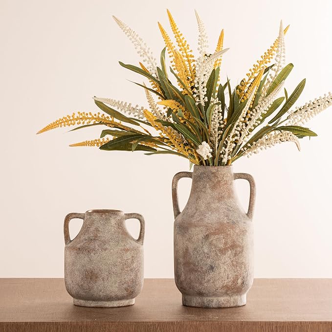 Mitt&Ditt 8" Ceramic Vase with Handles – Terracotta Farmhouse Rustic Pottery for Home Decor