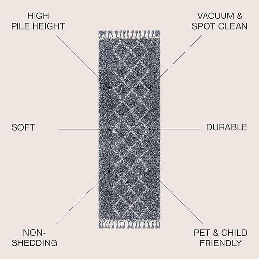 JONATHAN Y Mercer Shag Plush Tassel Denim Blue/Cream Runner Rug, 2x8, Moroccan Geometric Trellis, Bohemian, Easy-Cleaning for Living Room, Bedroom, Kitchen, Non-Shedding (MCR103A-28)